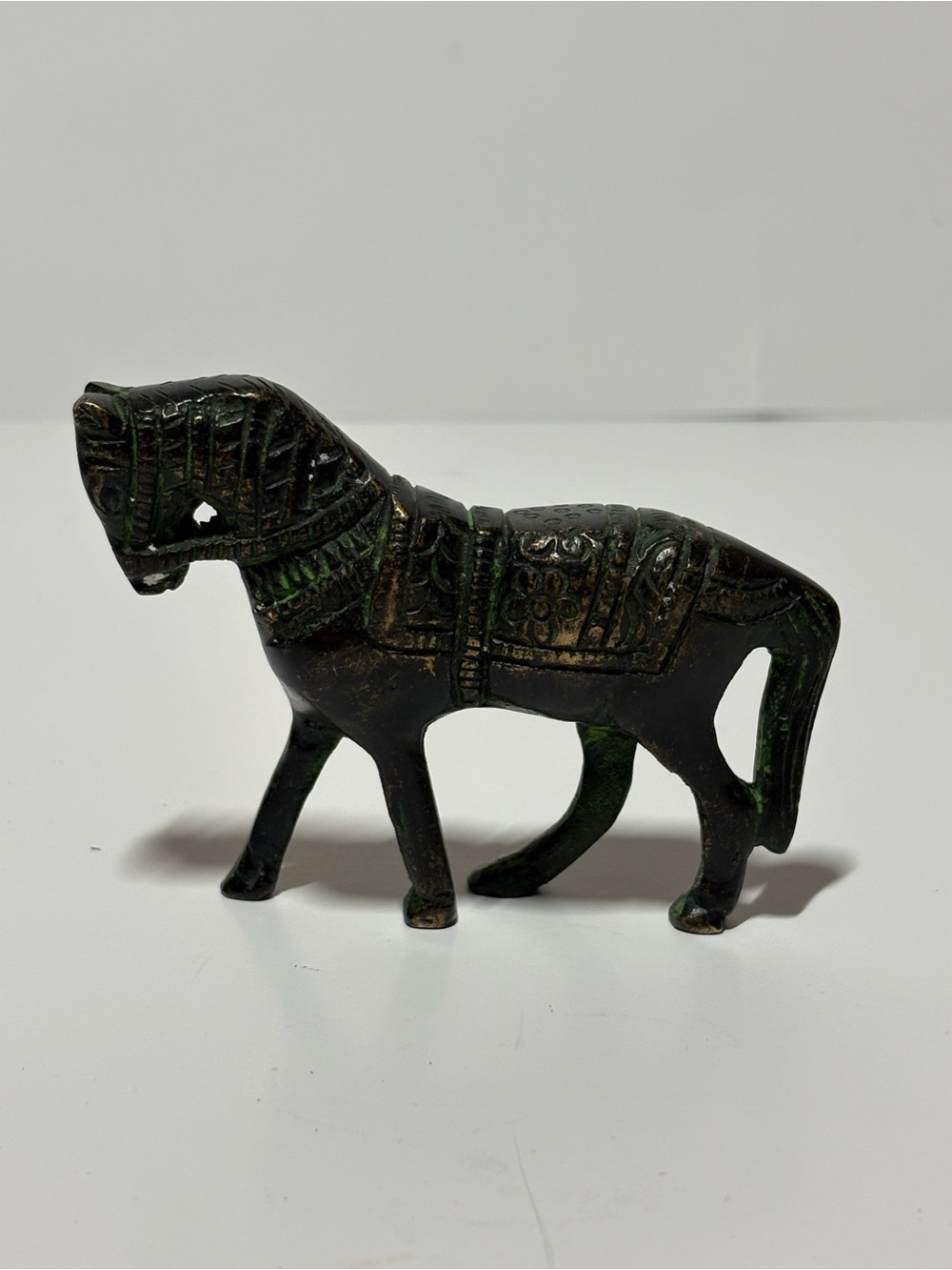 Ornate Bronze Indian Dhokra War Horse Figurine with Verdigris